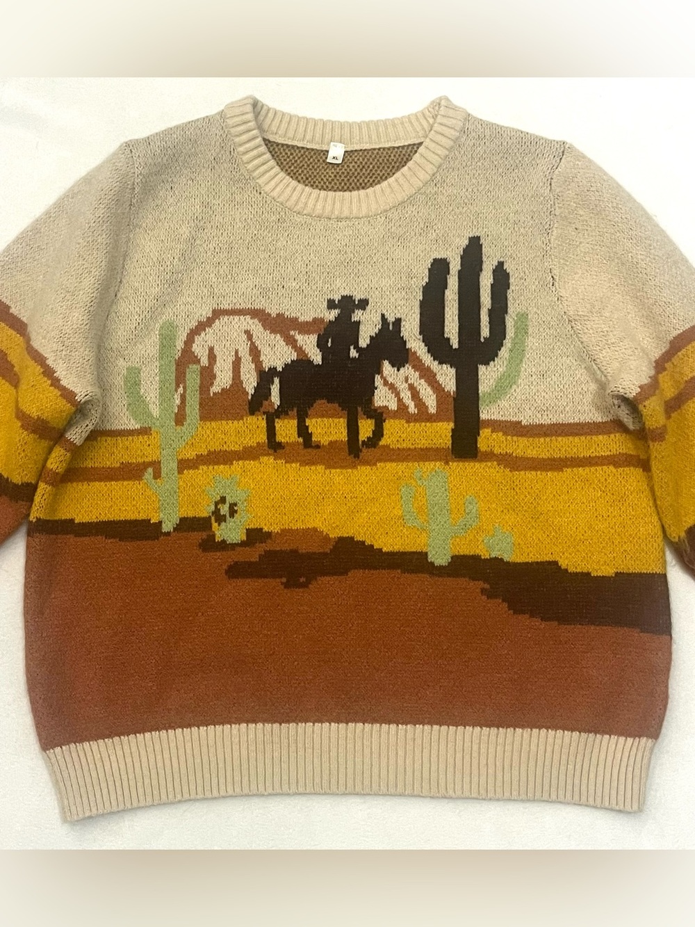 Mymore Women’s Western Cowgirl Cowboy Pullover Crewneck Tan Brown Orange Sweater - Picture 2 of 16